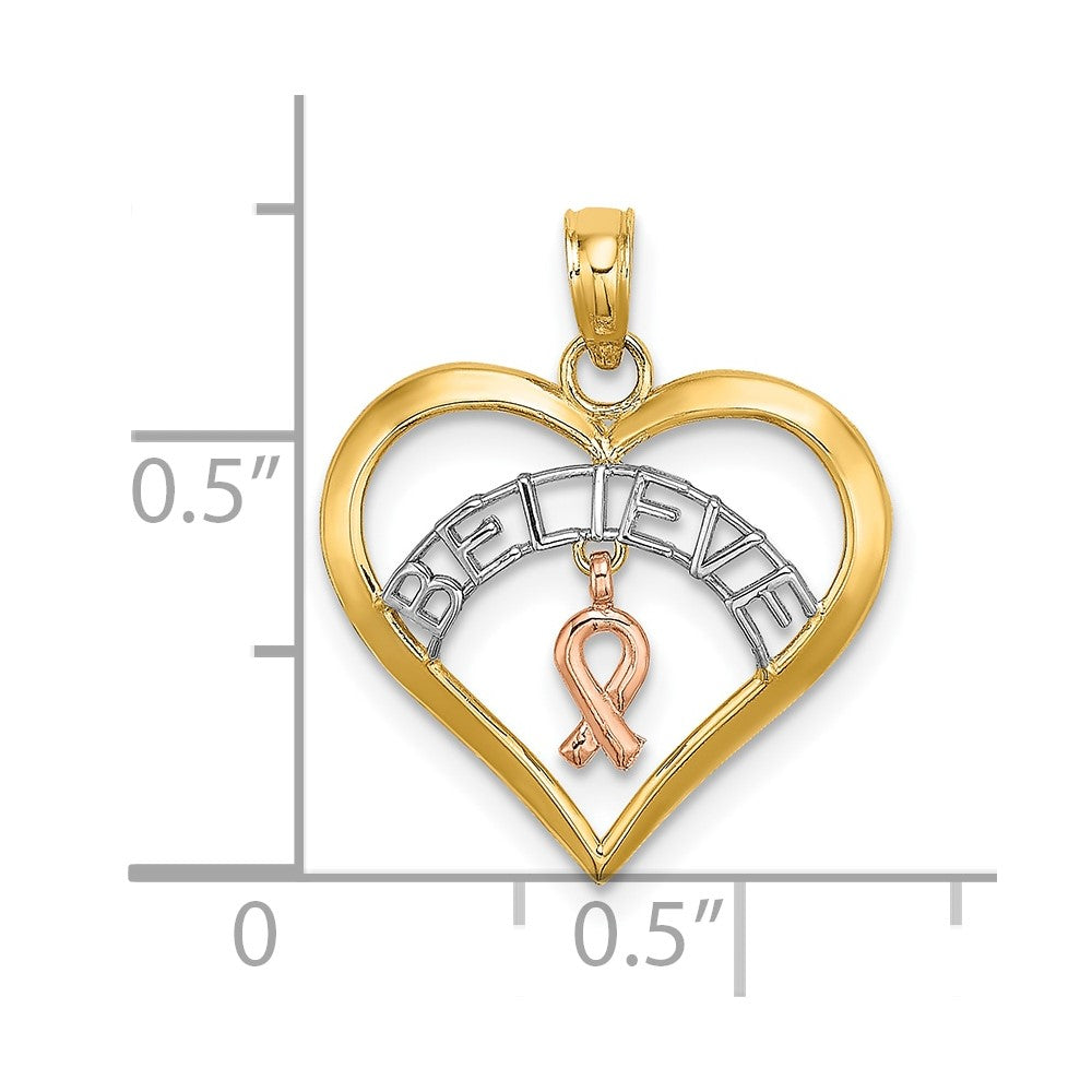 10k Two-tone with White Rhodium BELIEVE in Heart with Awareness Ribbon Pendant