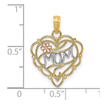 10K Two-Tone and White Rhodium MOM in Heart with Flower Charm