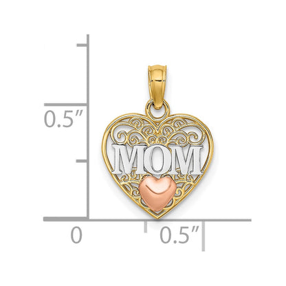 10k Two-tone and White Rhodium MOM in Heart Pendant