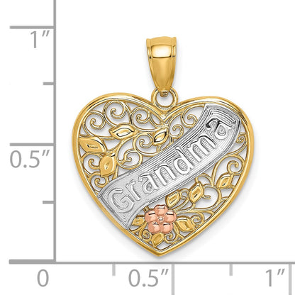 10K Two-tone and White Rhodium GRANDMA Filigree Heart Charm