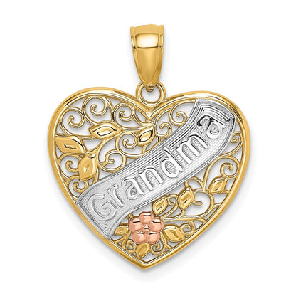 10K Two-tone and White Rhodium GRANDMA Filigree Heart Charm