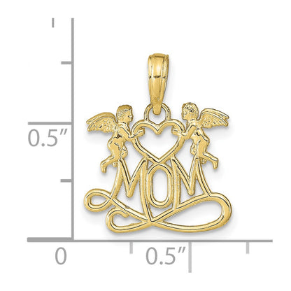 10K Polished MOM with Heart and Angels Pendant