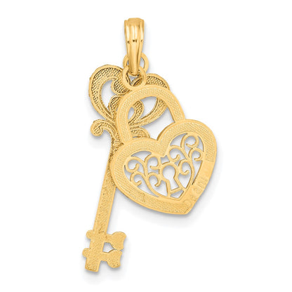 10k and White Rhodium Filigree Heart Lock and Key Pendant