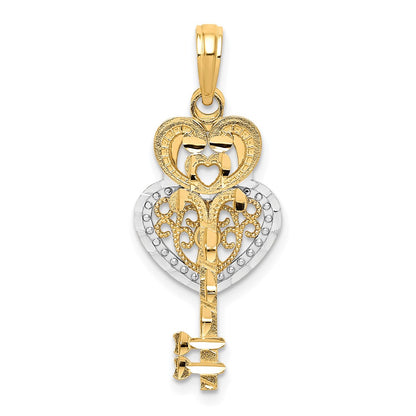 10k and White Rhodium Filigree Heart Lock and Key Pendant