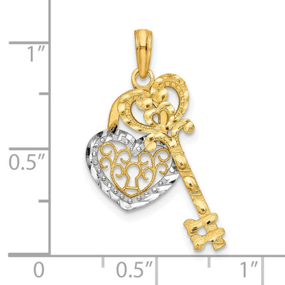 10k and White Rhodium Filigree Heart Lock and Key Pendant