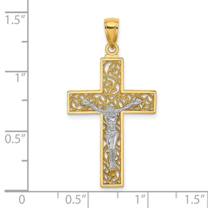 10k Two-tone Textured Swirl Design Crucifix Pendant