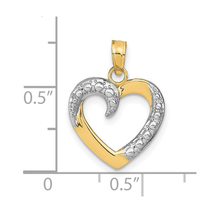 10K and White Rhodium Polished and Textured Heart Pendant