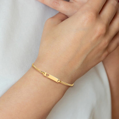 10k Polished Solid Chain/Solid Plate Curb Link Cut-out Heart 20x5mm Plate 7 inch ID Bracelet