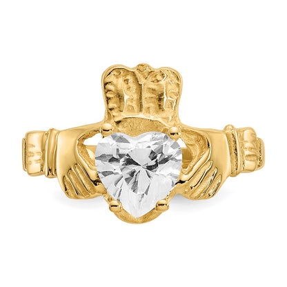10k April Clear Birthstone Claddagh Ring