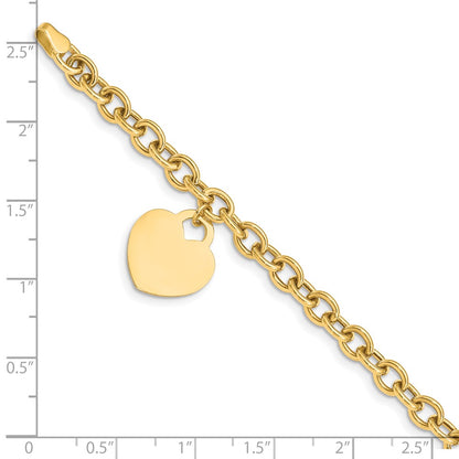 10k Engravable 18x15mm Solid Dangle Heart Charm and Hollow Chain 7.25 inch Bracelet