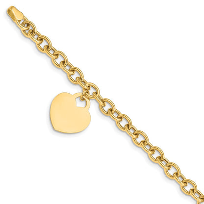 10k Engravable 18x15mm Solid Dangle Heart Charm and Hollow Chain 7.25 inch Bracelet