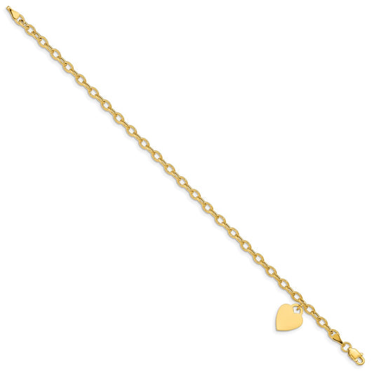 10k Engravable 14x10mm Solid Dangle Heart Charm and Hollow Chain 6 inch Baby/Child Bracelet