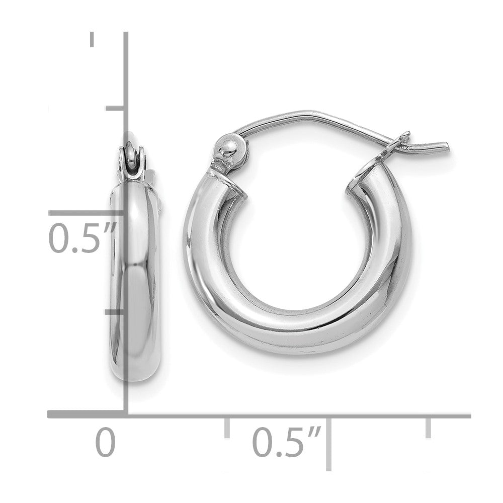 10k White Gold Polished 3mm Lightweight Tube Hoop Earrings