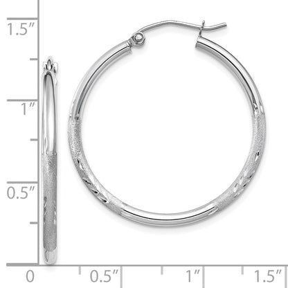 10k White Gold Satin and Diamond-cut 2mm Round Hoop Earrings