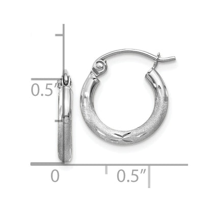 10k White Gold Satin and Diamond-cut 2mm Round Hoop Earrings