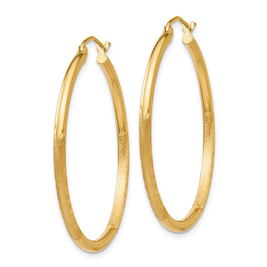 10k Satin and Diamond-cut 2mm Round Tube Hoop Earrings
