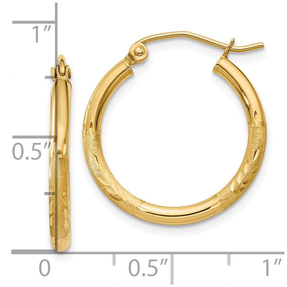10k Satin and Diamond-cut 2mm Round Tube Hoop Earrings