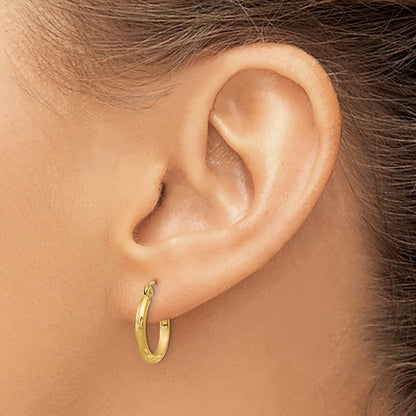10k Satin and Diamond-cut 2mm Round Tube Hoop Earrings