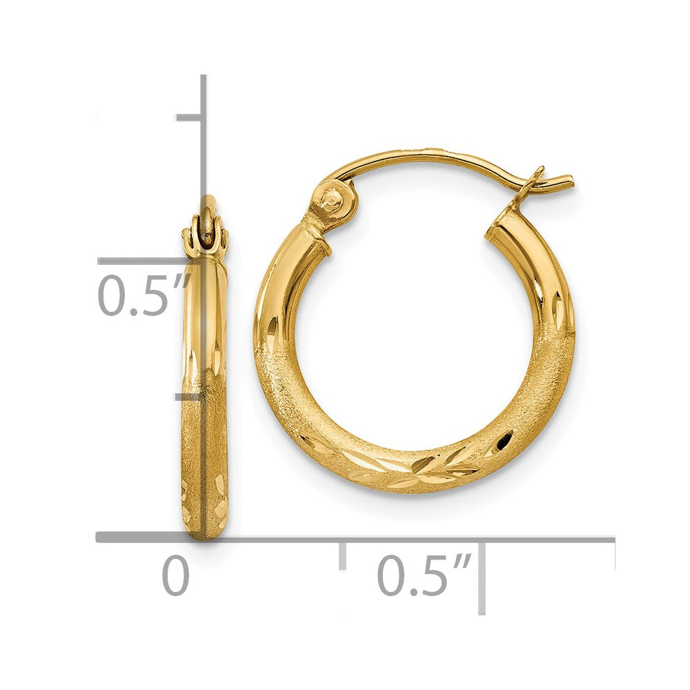 10k Satin and Diamond-cut 2mm Round Tube Hoop Earrings