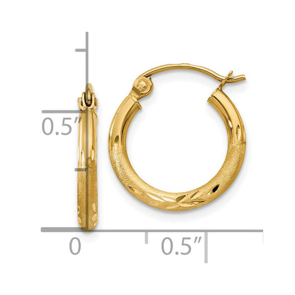 10k Satin and Diamond-cut 2mm Round Tube Hoop Earrings
