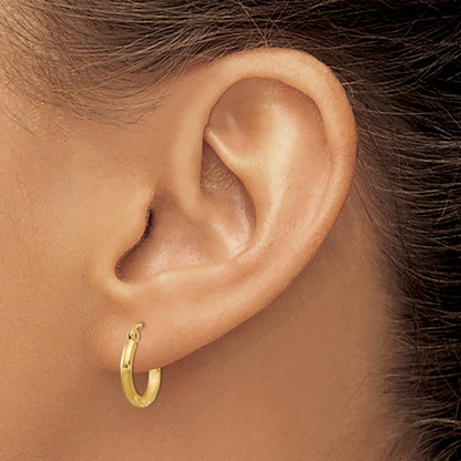 10k Satin and Diamond-cut 2mm Round Tube Hoop Earrings