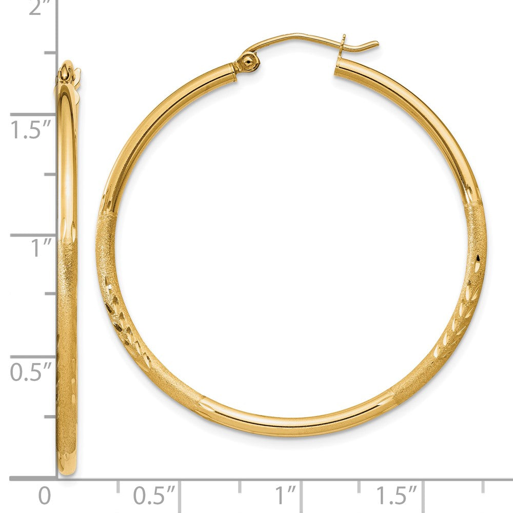 10k Satin and Diamond-cut 2mm Round Tube Hoop Earrings