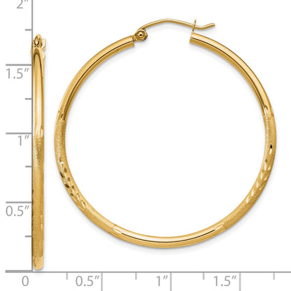 10k Satin and Diamond-cut 2mm Round Tube Hoop Earrings