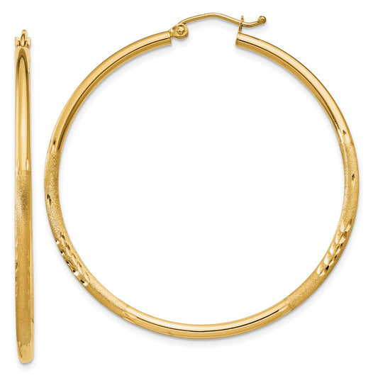 10k Satin and Diamond-cut 2mm Round Tube Hoop Earrings