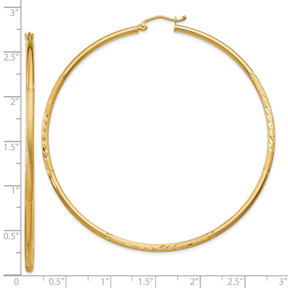 10k Satin and Diamond-cut 2mm Round Tube Hoop Earrings