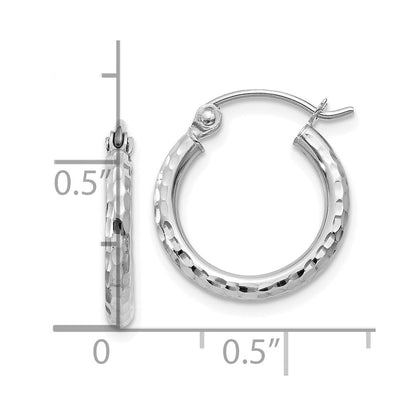 10k White Gold Diamond-cut 2mm Round Tube Hoop Earrings