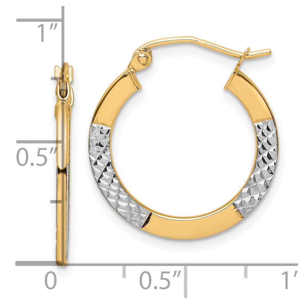 10K & Rhodium Diamond Cut 2.5x20mm Hoop Earrings
