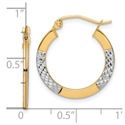 10K & Rhodium Diamond Cut 2.5x20mm Hoop Earrings