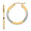 10K & Rhodium Diamond Cut 2.5x20mm Hoop Earrings