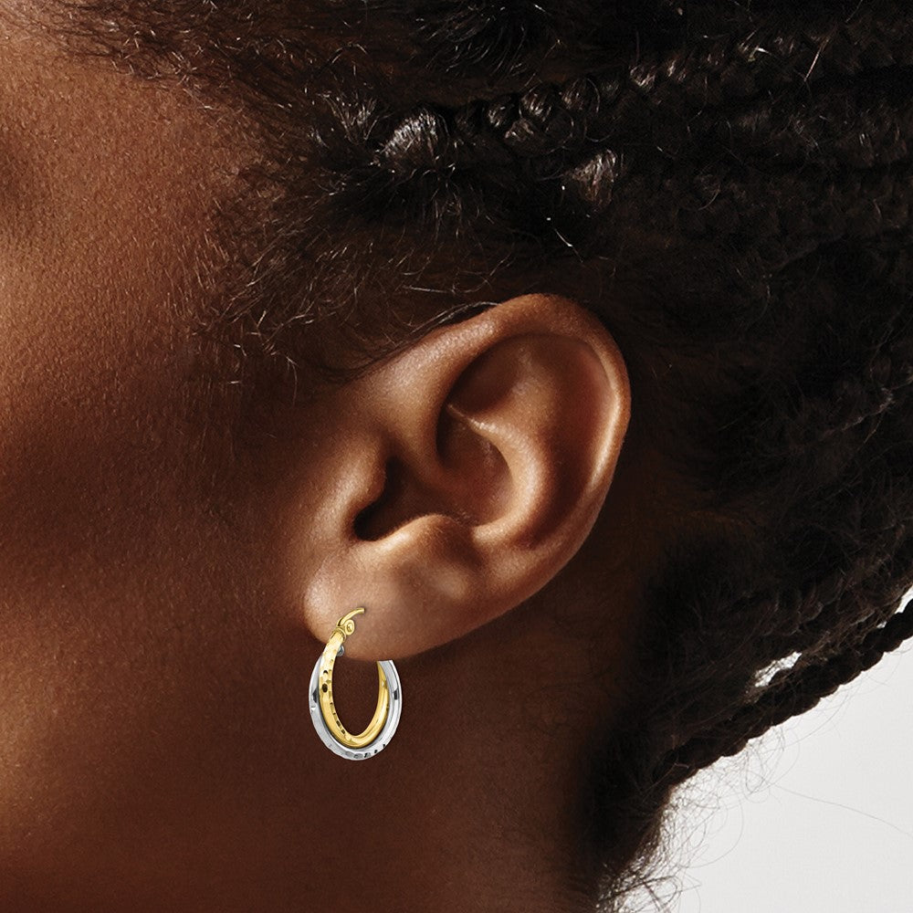 10K Two-tone Textured Twisted Round Hoop Earrings