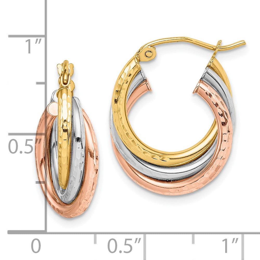 10k Tri-color Diamond-cut Round Triple Hoop Earrings