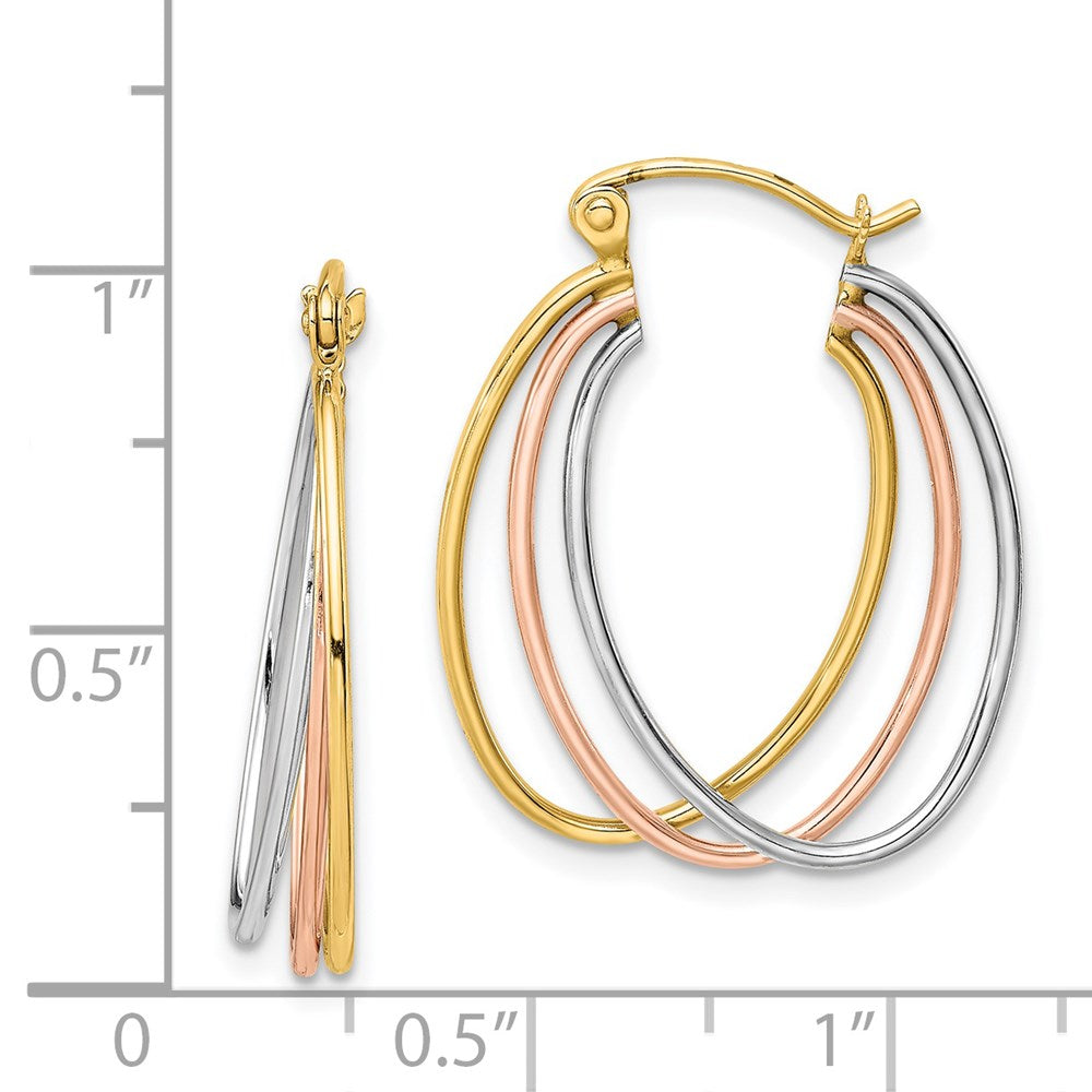 10k Tri-color Polished Oval Triple Hoop Earrings