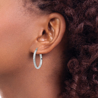 10k White Gold Diamond-cut 2.8x25mm Hollow Hoop Earrings