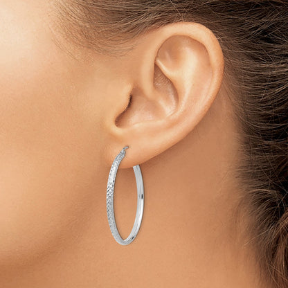 10k White Gold Diamond-cut 2.8x37mm Hollow Hoop Earrings