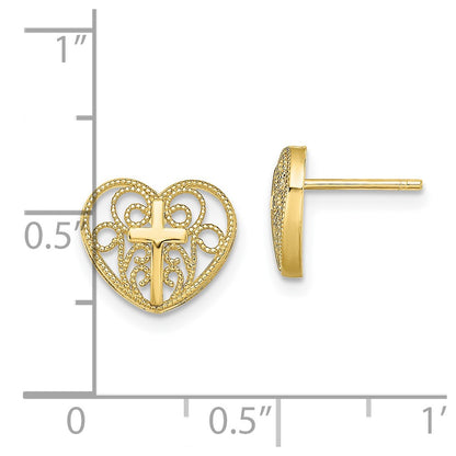 10k 10mm Filigree Heart with Cross Post Earrings