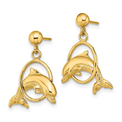 10K Polished Dolphin Jumping Through Hoop Dangle Post Earrings