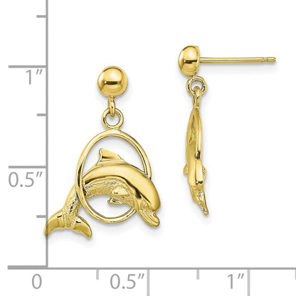 10K Polished Dolphin Jumping Through Hoop Dangle Post Earrings