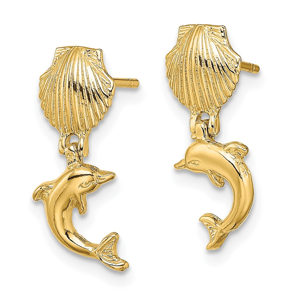 10k Dolphin Dangle From Mini Scallop Shell Post Earrings