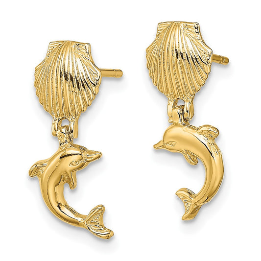 10k Dolphin Dangle From Mini Scallop Shell Post Earrings