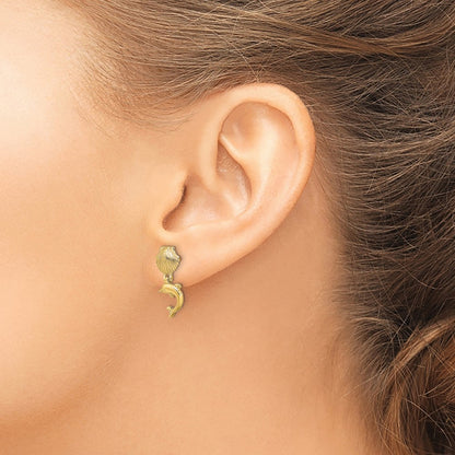 10k Dolphin Dangle From Mini Scallop Shell Post Earrings