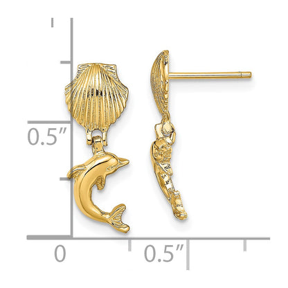 10k Dolphin Dangle From Mini Scallop Shell Post Earrings