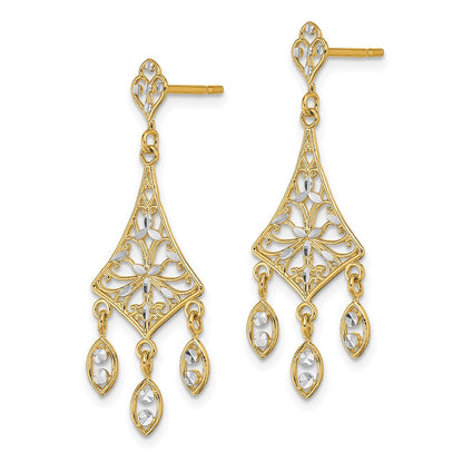 10K and White Rhodium Filigree Chandelier Dangle Post Earrings