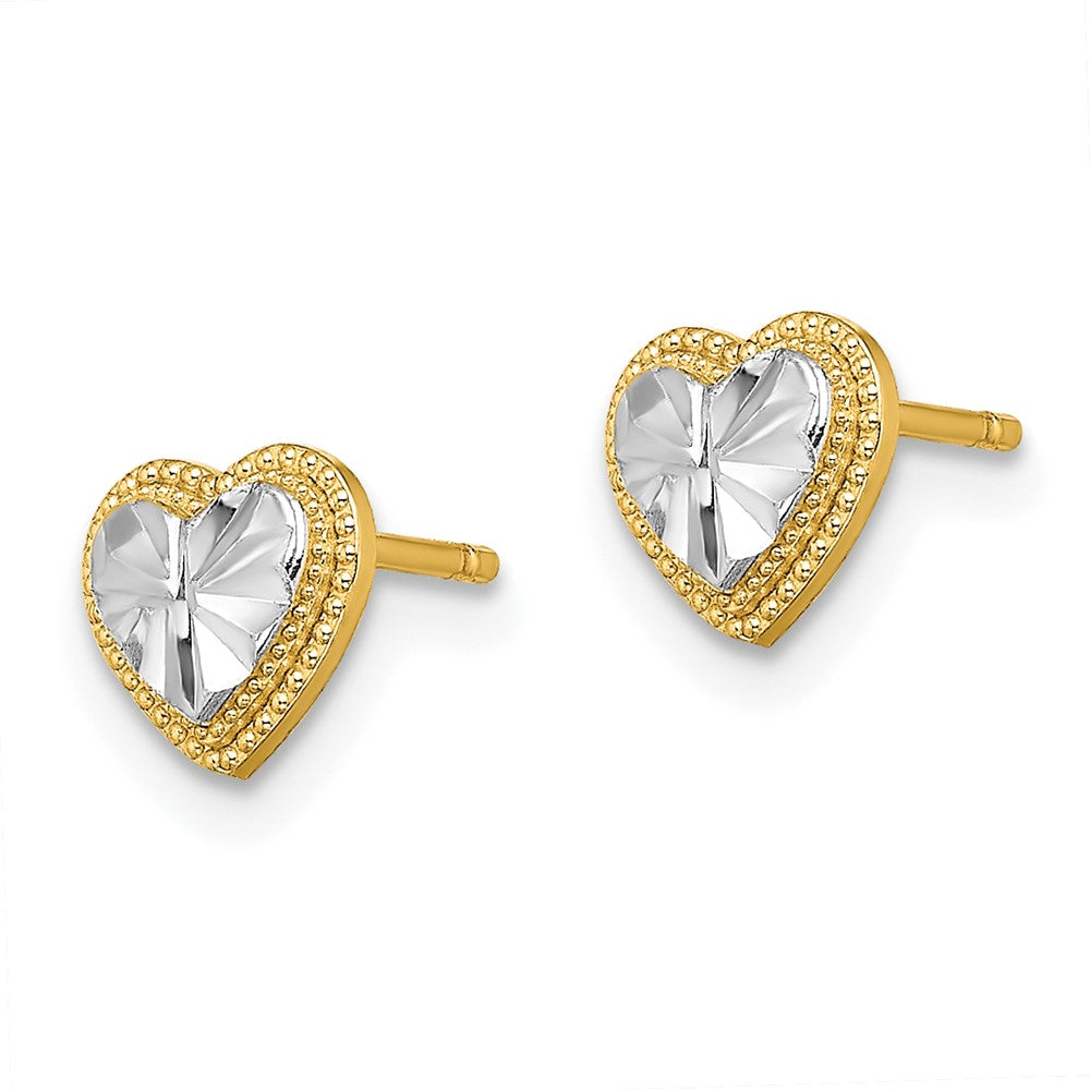 10K and White Rhodium Diamond-cut 6mm Heart Post Earrings