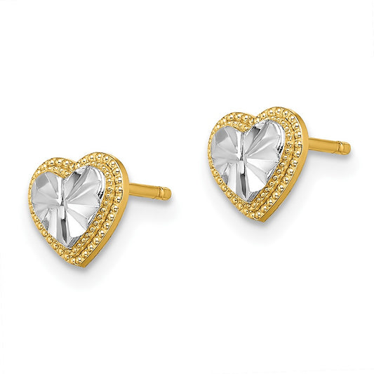 10K and White Rhodium Diamond-cut 6mm Heart Post Earrings