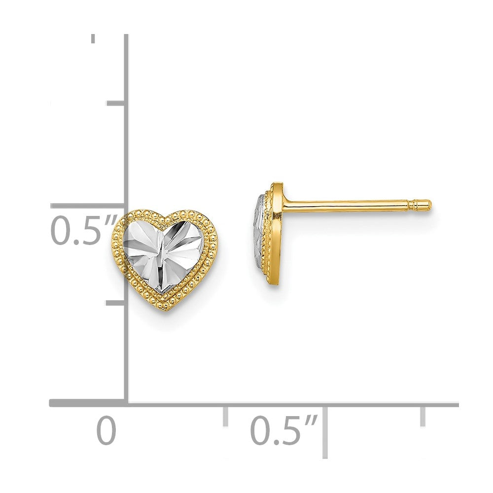 10K and White Rhodium Diamond-cut 6mm Heart Post Earrings