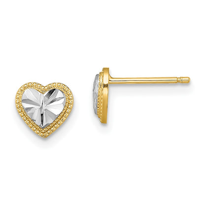 10K and White Rhodium Diamond-cut 6mm Heart Post Earrings
